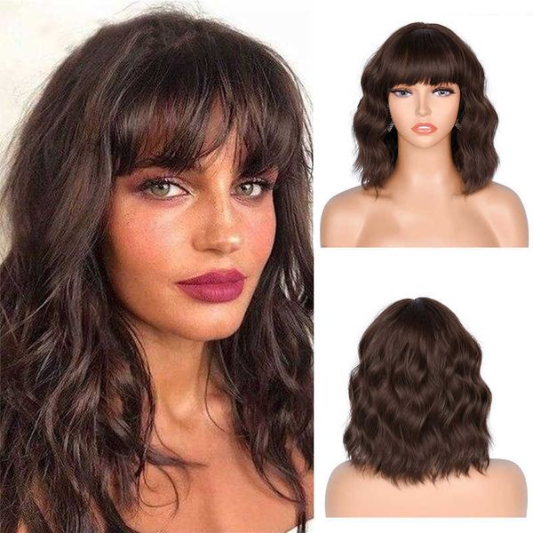 

women's wig short curly hair brown straight bangs chemical fiber wig water ripple mechanism hood wigs 230301, Black