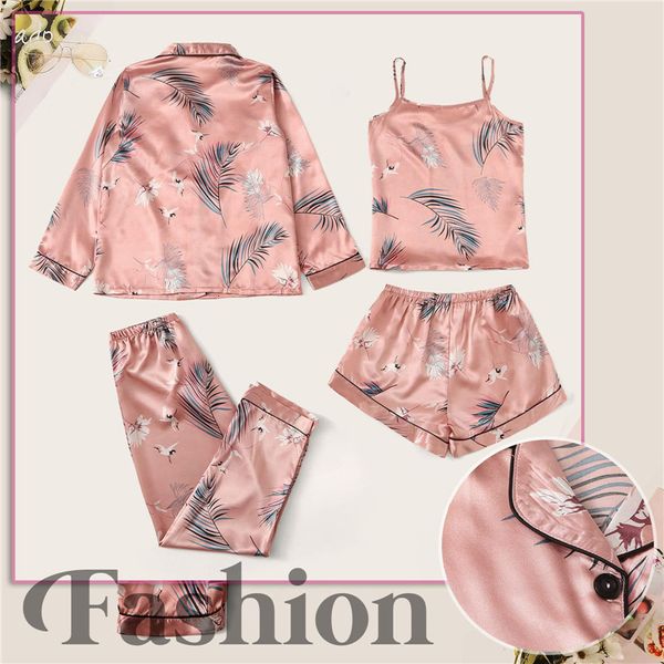 

womens sleepwear 4 pieces pajama set for women faux silk stain nightwear fashion comfortable sling shorts printed home clothes 230228, Black;red