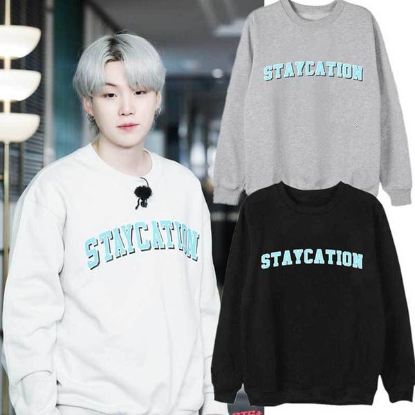 

womens hoodies sweatshirts fashion streetwear suga staycation printing pullover sweater kpop fans harajuku hoodie aesthetic for mens clothin, Black