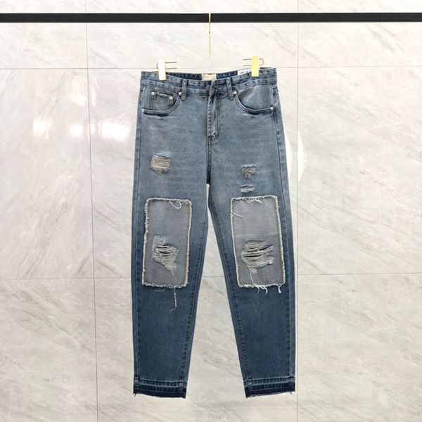 

23ss men usa autumn winter zipper denim pants washed broken holes patchwork straight jeans high street trousers, Black;brown