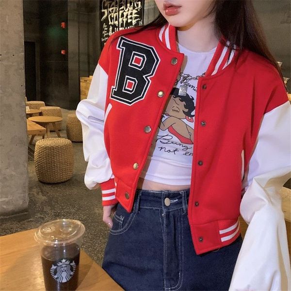 

womens jackets brown baseball fashion fall for women patchwork button black crop coats red varsity bomber jacket 230301, Black;brown