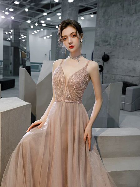 

light champagne evening dresses long deep v-neck spaghetti strap beading sequined a line zipper woman graduation celebrity special party pro, Black;red