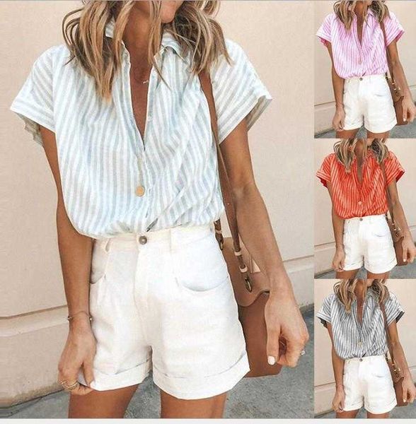 

womens loose striped shirt short sleeved lapel vertical cardigan top, White