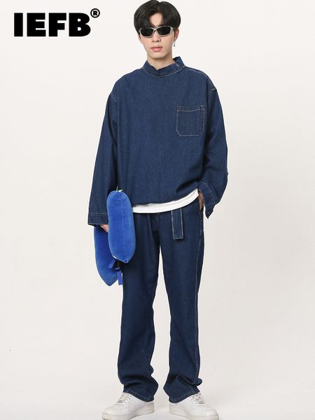 

mens tracksuits iefb wear autumn korean fashion design casual jeans round neck belt decoration male pullover solid color 9a5163 230228, Gray