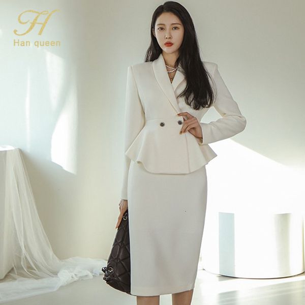 

two piece dress h han queen profession set women coat crop and high waist bodycon pencil skirts korean slim chic office lady skirt suits 230, White