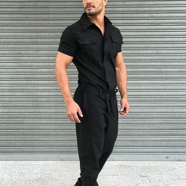 

men's tracksuits summer men casual solid long playsuit fashion short sleeve turndown jumpsuit overalls spring mens retro romper streetw, Gray