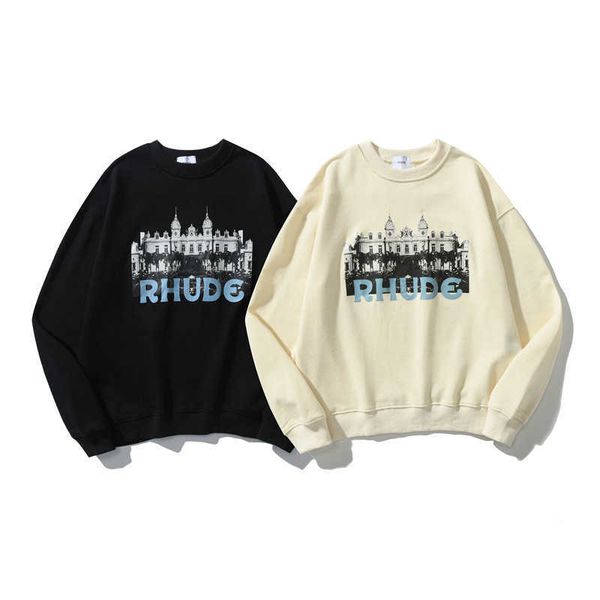 

beauty trend small rhude hd castle printed terry thin hip-hop men's and women's casual round neck sweater, Black