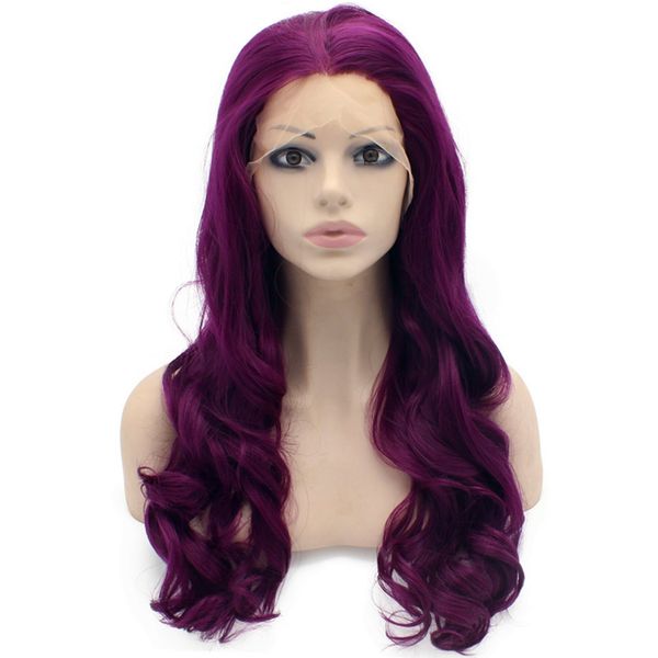 

long wavy rich grape purple wig heat resistant synthetic hair lace front cosplay wig, Black