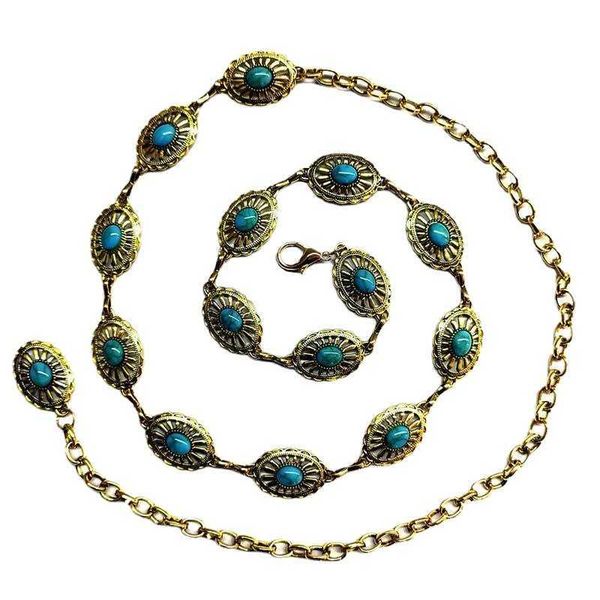 

new jewelry environmental protection european standard waist chain female turquoise inlaid metal chain versatile fashion