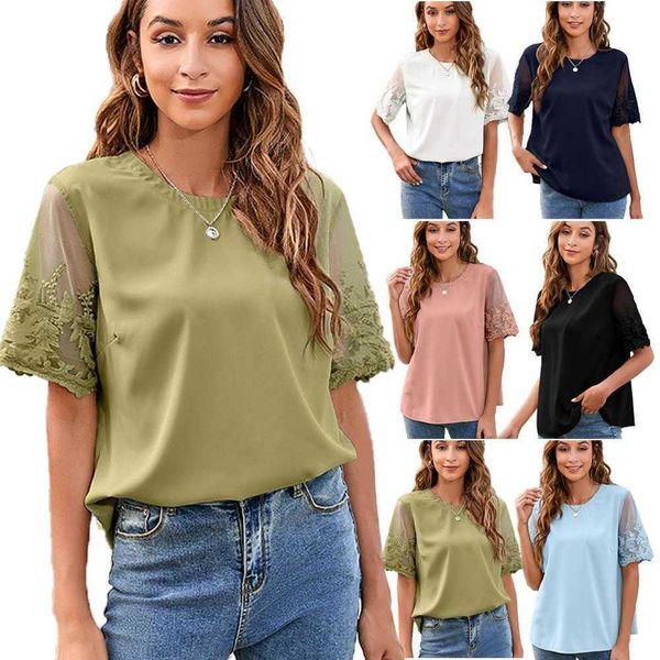 

womens clothing round neck lace shirt chiffon blouse, White