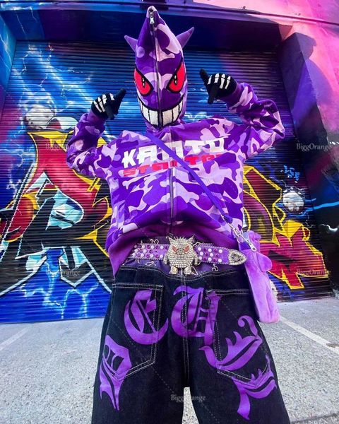 

oversized demon hoodies men letter print streetwear zip hoodie vintage high street sweatshirt goth harajuku jacket, Black