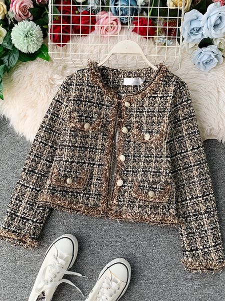 

womens jackets autumn winter vintage tweed jacket coat women small fragrance patchwork korean woollen cropped coats elegant short outerwear, Black;brown