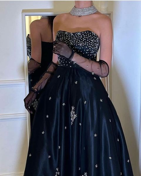 

high low satin prom dresses strapless handmade beaded bodice evening party gowns a line robe de soiree, Black