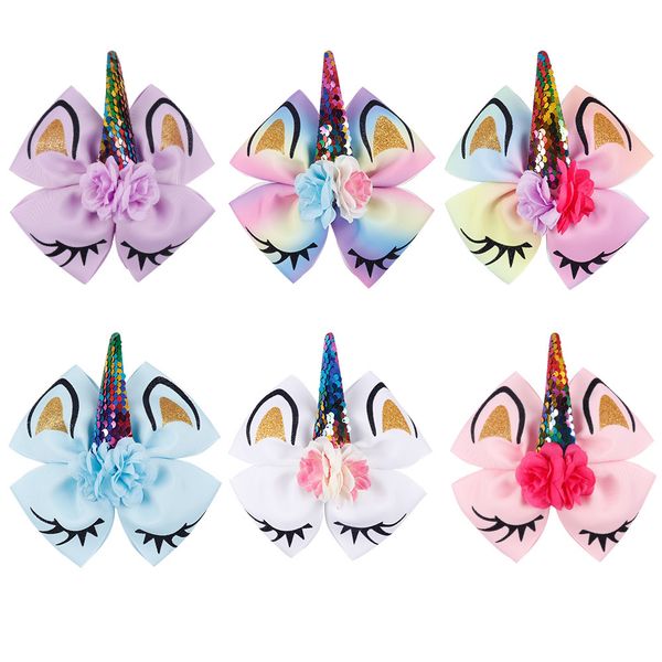 

lovely unicorn glitter ribbon bow hair clip hairpins dance party korean hair accessories for baby girl 1775, Slivery;white