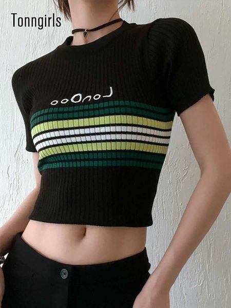 

women's t-shirt tonngirls y2k vintage tshirt women short sleeve kintted crop streetwear korean style tshirts black grunge summer 2022, White