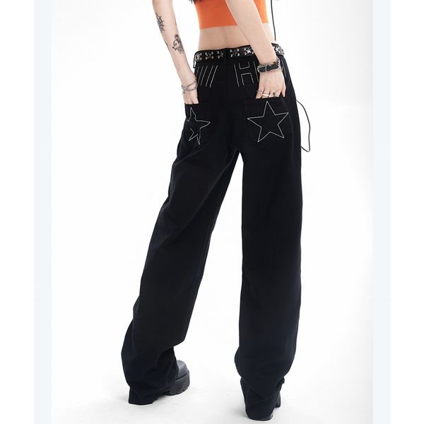 

women's jean black embroidery low waist baggy straight high street american autumn fashion vintage wide leg denim trouser 230301, Blue