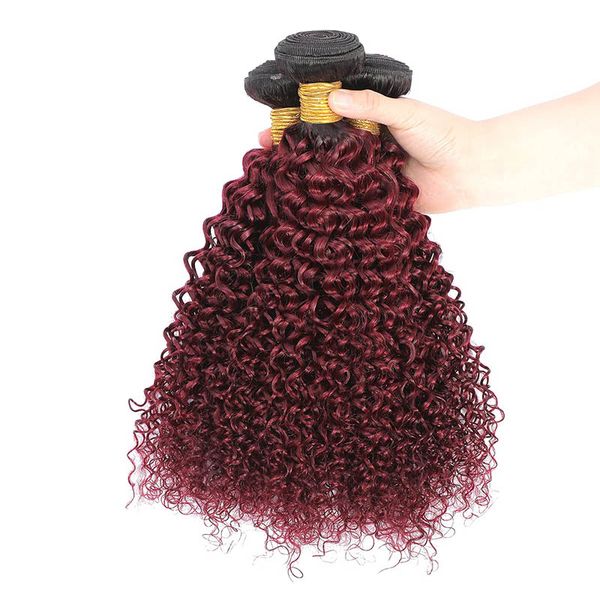 

1b/burgundy ombre hair extensions 1b 99j brazilian kinky curly hair weave red remy ombre human hair 3 4 bundles, Black