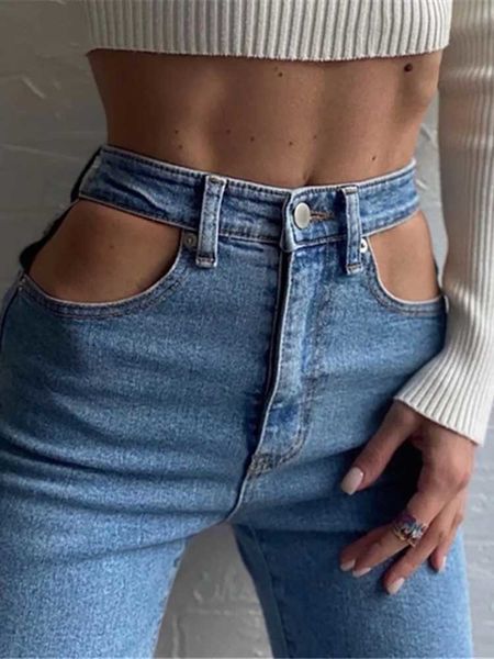 

women's jeans designer hollowed out tight fitting long pants for women fashion casual simple chic female trousers 230301, Blue