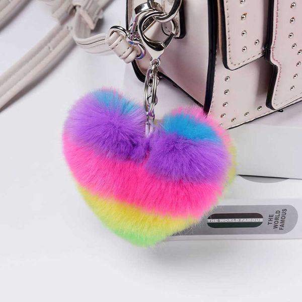

interior decorations multi-color stitching love ornament plush peach heart car keychain rainbow heart-shaped bag pendant jewelry keyring acc