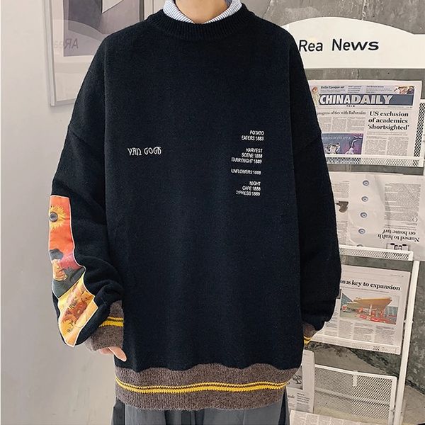 

tpjb new autumn cotton hip hop men sweater pullover pull homme van gogh painting embroidery knitted sweater vintage mens sweaters, White;black