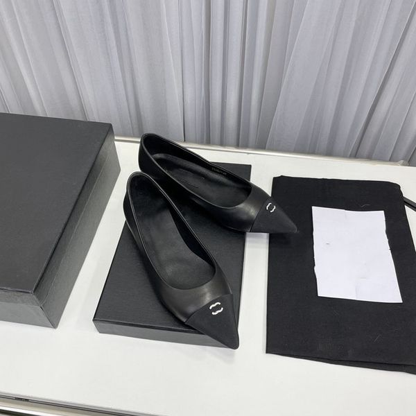 

fashion dress shoes 2023 channel women leather high heel metal buckle letter logo wedding party business casual flat shoes 03-05, Black