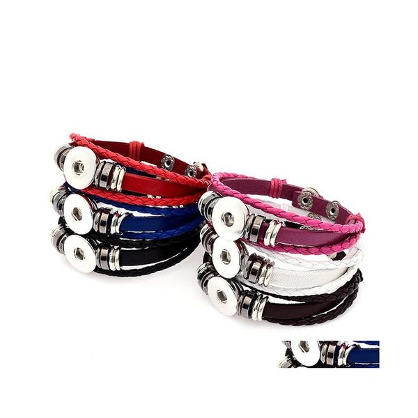 

charm bracelets pu leather mtilayer braided 18mm snap button bracelet colorf black white women men punk bangle noosa sz0341 drop del dhc7k, Golden;silver