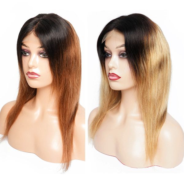 

ombre honey blonde straight human hair wgis raw indian hair 4x4 lace closure wig t middle part transparent lace wigs 1b 27/30 color pre-pluc, Black;brown