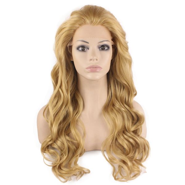 

24" long wig ash blonde wavy natural heat resistant synthetic hair lace front wig, Black