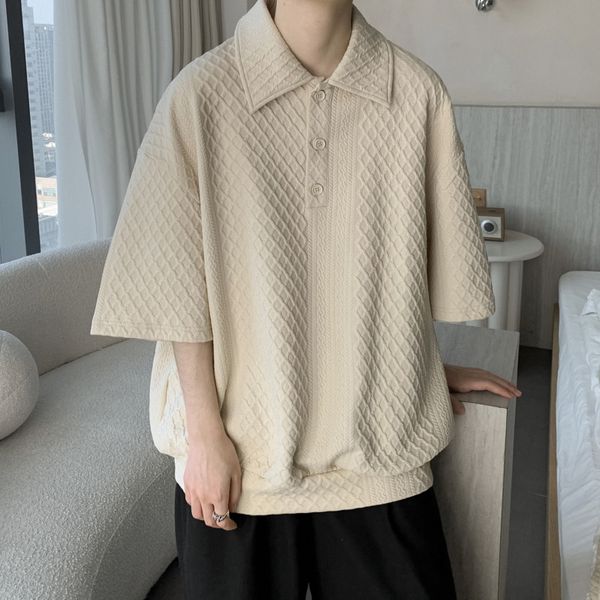 

summer cotton lapel t-shirt men fashion casual oversized short sleeve t shirt men korean loose plaid polo shirt mens s-3xl, White;black