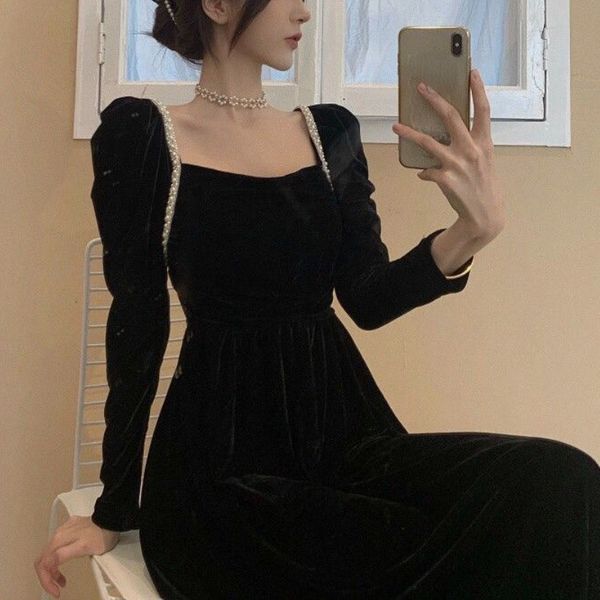 

casual dresses autumn retro black midi women elegant velvet ladies long sleeve pure collor vintage korean 230301, Black;gray