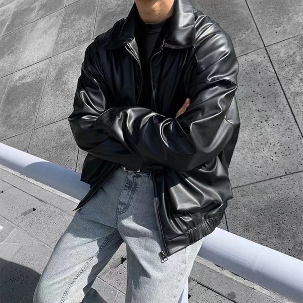 

men's leather faux leather men's loose russian pu leather jackets casual fashion trend outerwear black color motorcycle jackets ba