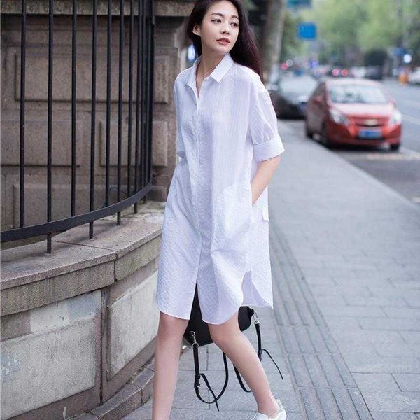 

spring and summer pure cotton casual white shirt womens short sleeve mid length bf