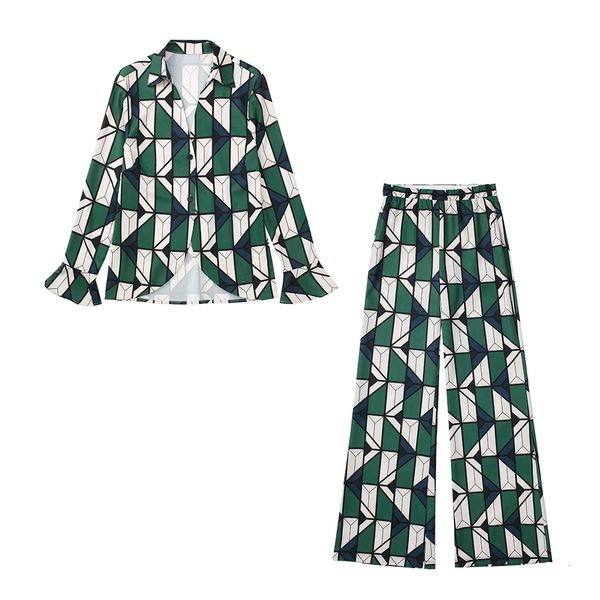 

women s two pant geometric printed shirt and wide leg long chic lady vintage blouse set female summer trouser 230228, White