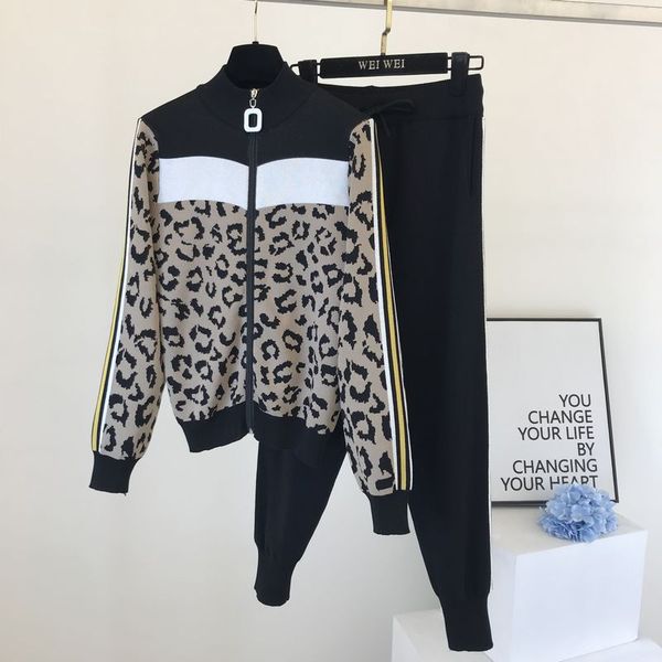 

designer womens two piece pants tracksuits mn0159 fall winter knitting leopard print zipper sportswear casual fashion leisure street tracksu, Gray