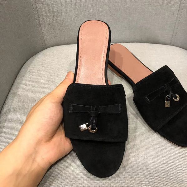 

lp piana summer charms slides embellished suede slippers luxe sandals shoes genuine leather open toe casual flats for women luxury designers, Black
