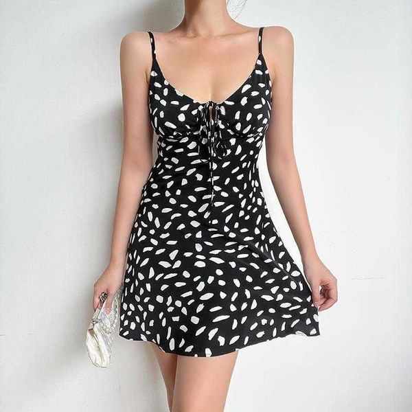 

polka dot lace up mini strap dress womens spring temperament commute large v, Black;gray