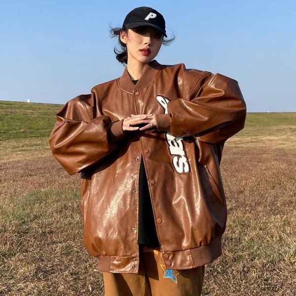 

womens jackets american retro letter embroidery leather jacket coat womens y2k street hiphop trend baseball suit couple casual jacket 230301, Black;brown