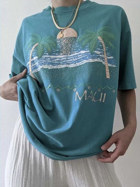 

women's t-shirt new retro water blue y2k coconut tree shortsleeved tshirt women's summer loose tshirt oversized tshirt 2022 women, White