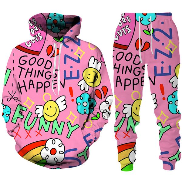 

women's two piece pants funny cartoon abstract 3d print tracksuit men women hoodie pants jogging set couple outfits hip hop streetwear, White