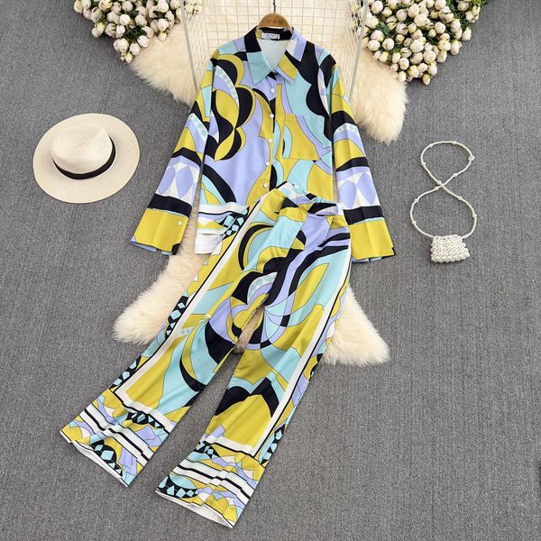 

women's sleepwear european and american fashion women pajamas set loose and thin lapel printed longsleeved wideleg pants 2piece set pij, Black;red
