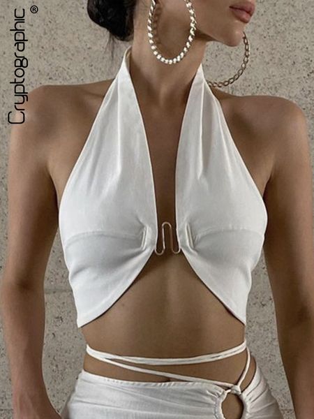 

women's tanks camis cryptographic halter backless wrap crop women summer sleeveless elegant skinny cropped night club party clothes 23, White