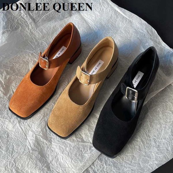 

square toe mary jane shoes for women one strap pumps flat heels french style retro daily new spring loafers suede moccasin mujer 0220, Black