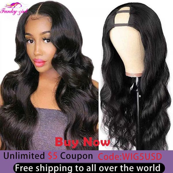 

synthetic wigs body wave u part wigs 100% human hair brazilian wavy virgin for women remy glueless 180% density wig 230227, Black