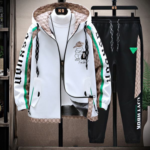 

mens tracksuits jacketpants young men autumn winter cartoon print handsome baggy jacket fashion heavy warm twopiece 230228, Gray