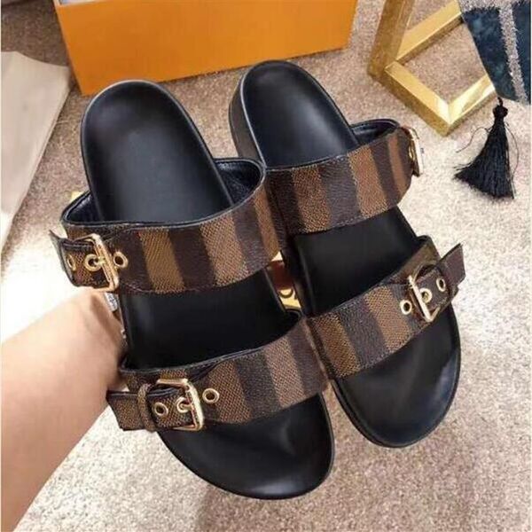 

moccasins portable flats thick flip flops slippers slides 2 straps with adjusted gold buckles women summer sandals262k, Black