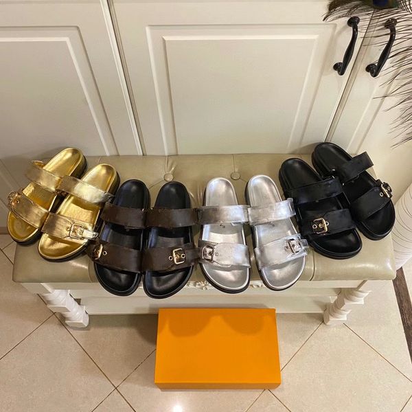 

designer slippers sandals summer flats real leather platform shoes ladies beach effortlessly stylish slides 2 straps with adjusted gold buck, Black