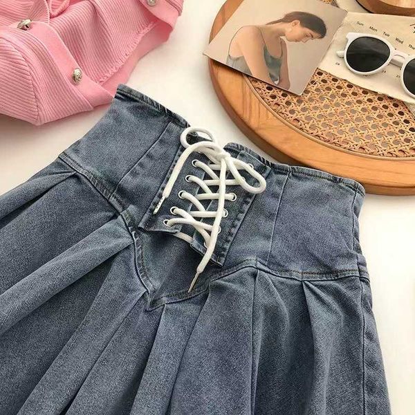 

skirts spring autumn girls pleated skirt baby denim skirt kids skort children fashion bottoms stretchable waist lacing 3-14y t230301, Blue
