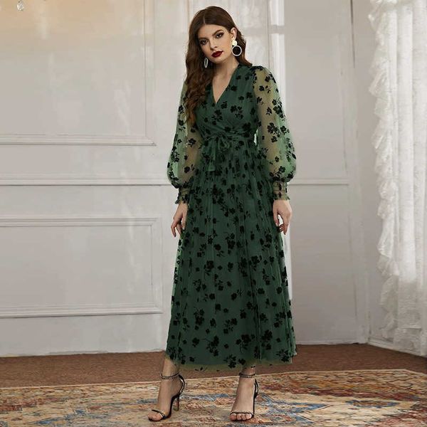 

women's casual dresses ty-471 women's 2023 v-neck long-sleeved ribbon high-waist floral long print dresses, Black;gray