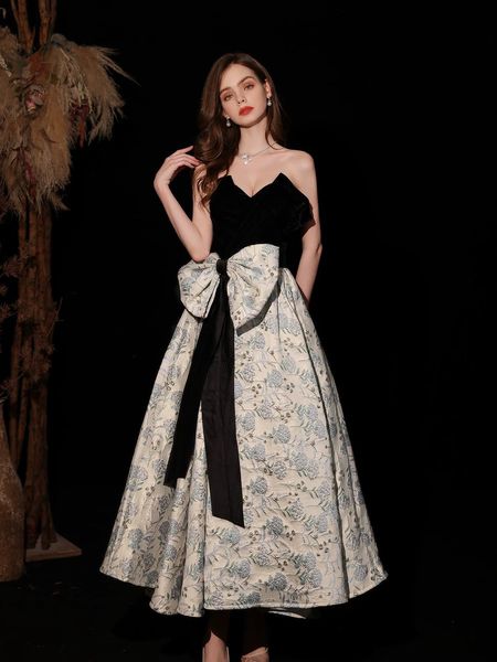 

flower evening dresses jacequard black sweetheart strapless vintage big bow ribbon a line ankle length v neck princess prom gowns, Black;red