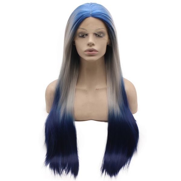

long gray blue ombre wig silky straight heat friendly synthetic lace front two tone fashion wig, Black